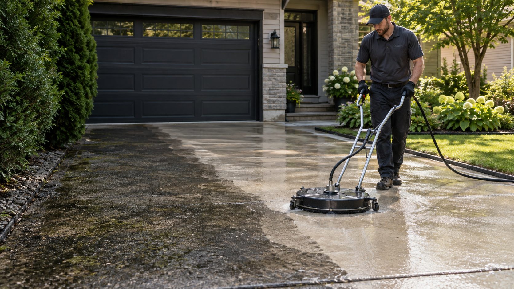 Property-care worker pressure washing a residential concrete driveway in Ottawa