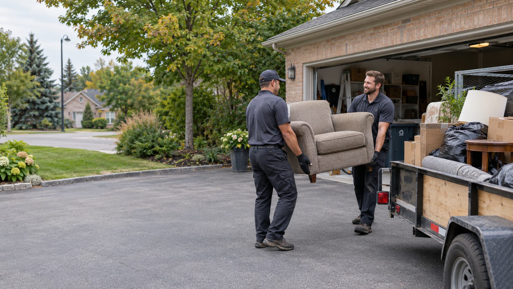Property-care workers loading household furniture and boxes into a removal truck outside an Ottawa home