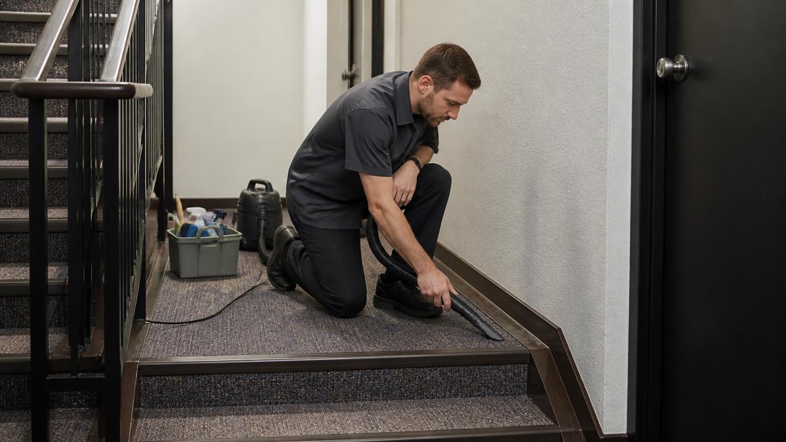 Property-care worker vacuuming the edge of a carpet runner on an apartment stair landing