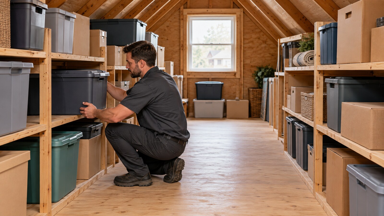 Property-care worker organizing unlabelled storage totes and lightweight boxes on low shelves in a safe walk-up Ottawa attic