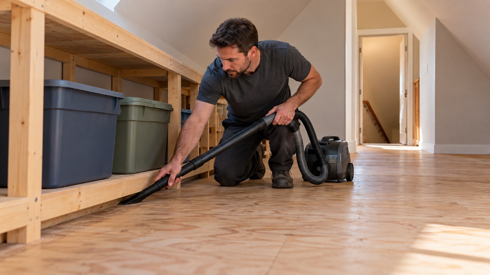 Property-care worker vacuuming the accessible floor edge beside low storage shelves in a finished Ottawa walk-up attic
