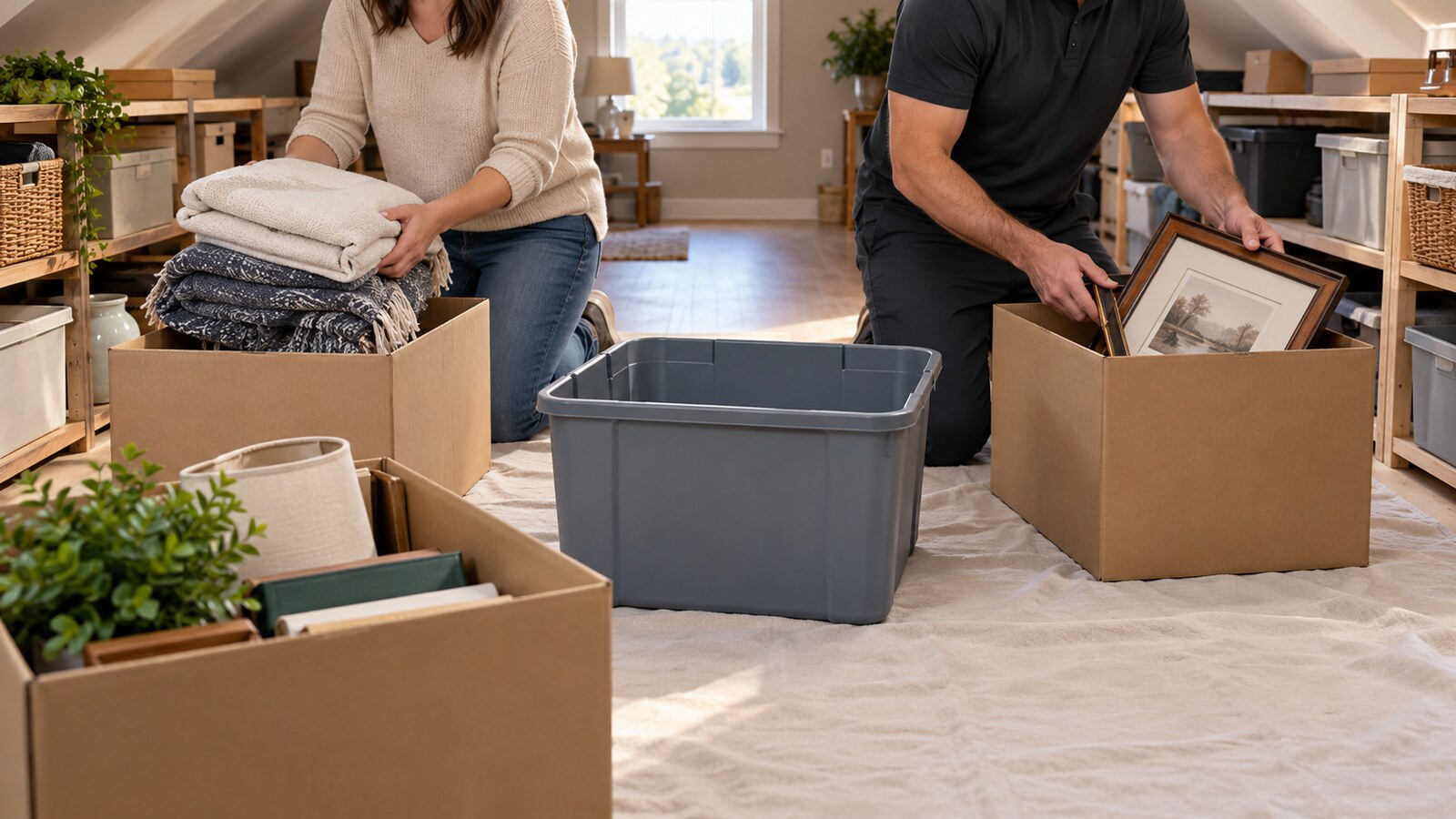 Ottawa homeowner and property-care worker sorting folded blankets, framed household decor, boxes and an empty tote on a drop cloth in a walk-up attic