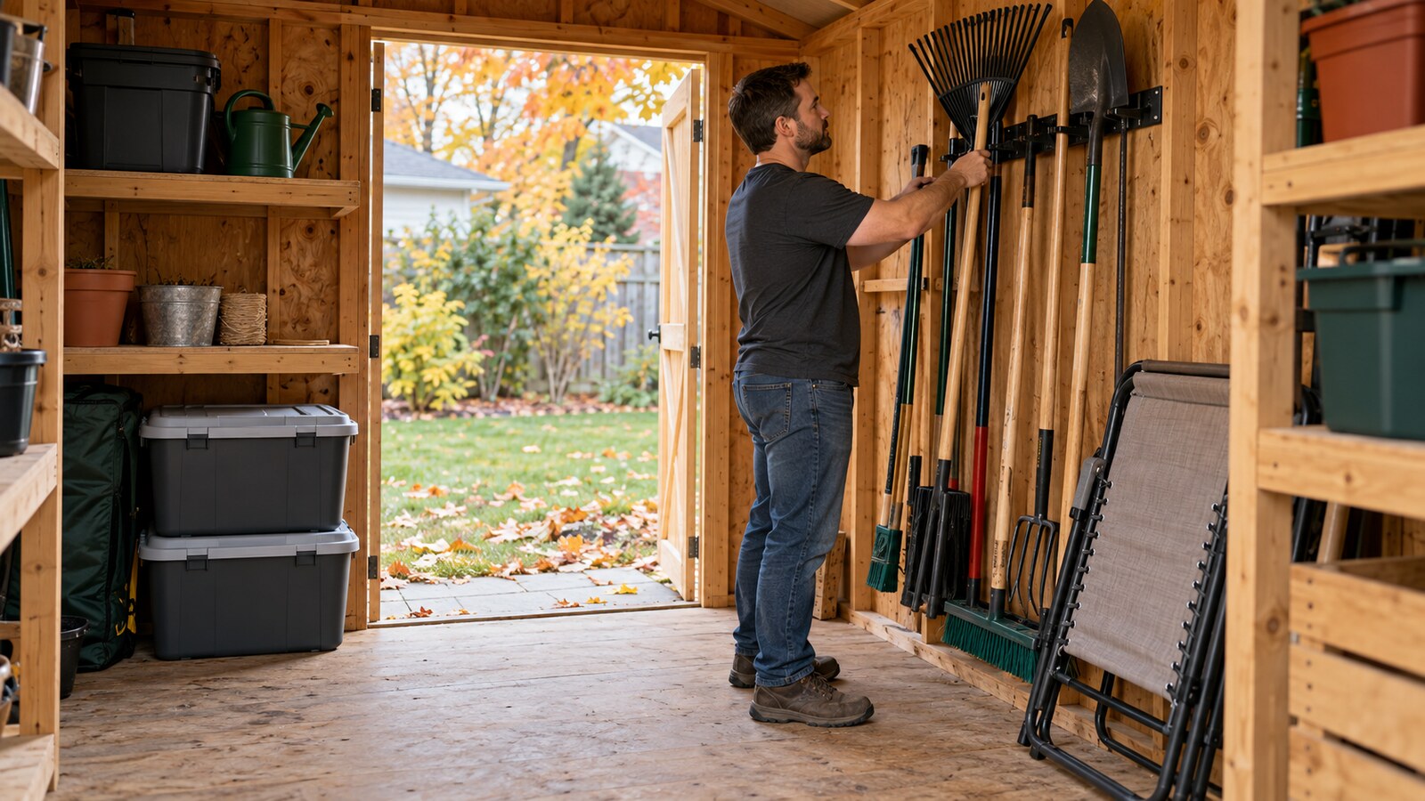 Property-care worker organizing long-handled garden tools, storage totes and folding chairs inside an Ottawa backyard shed in early autumn