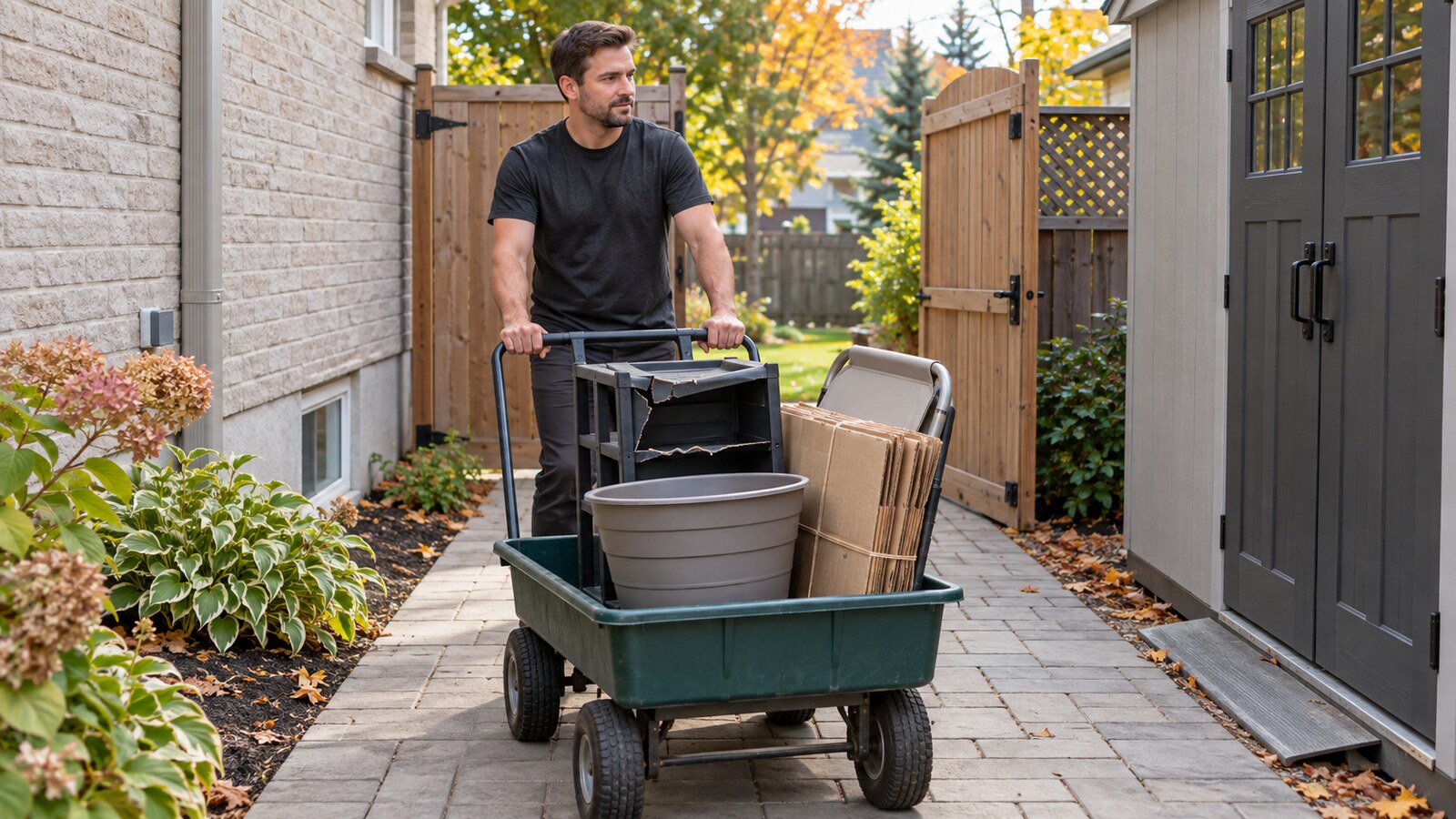 Property-care worker moving an empty planter, folded chair, bundled cardboard and a small broken plastic shelf on a stable garden cart along a clear Ottawa side path
