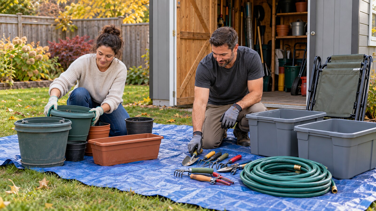 Ottawa homeowner and property-care worker sorting empty planters, garden tools, a coiled hose and storage bins on a tarp beside an open shed