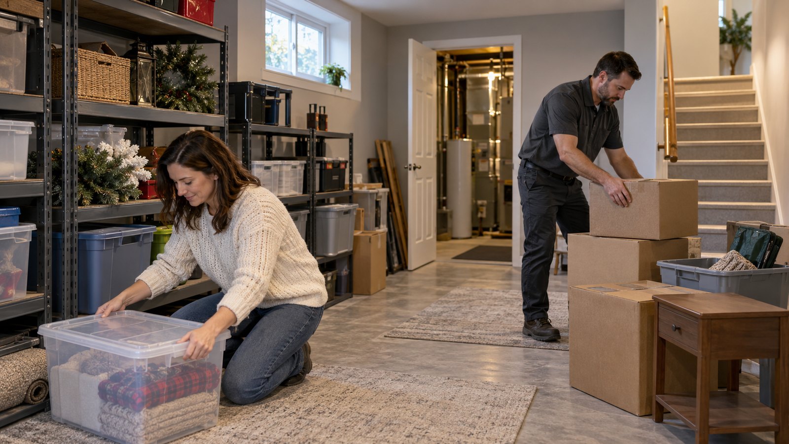 Ottawa homeowner and property-care worker sorting ordinary basement storage beside shelving and a clear utility-room route.