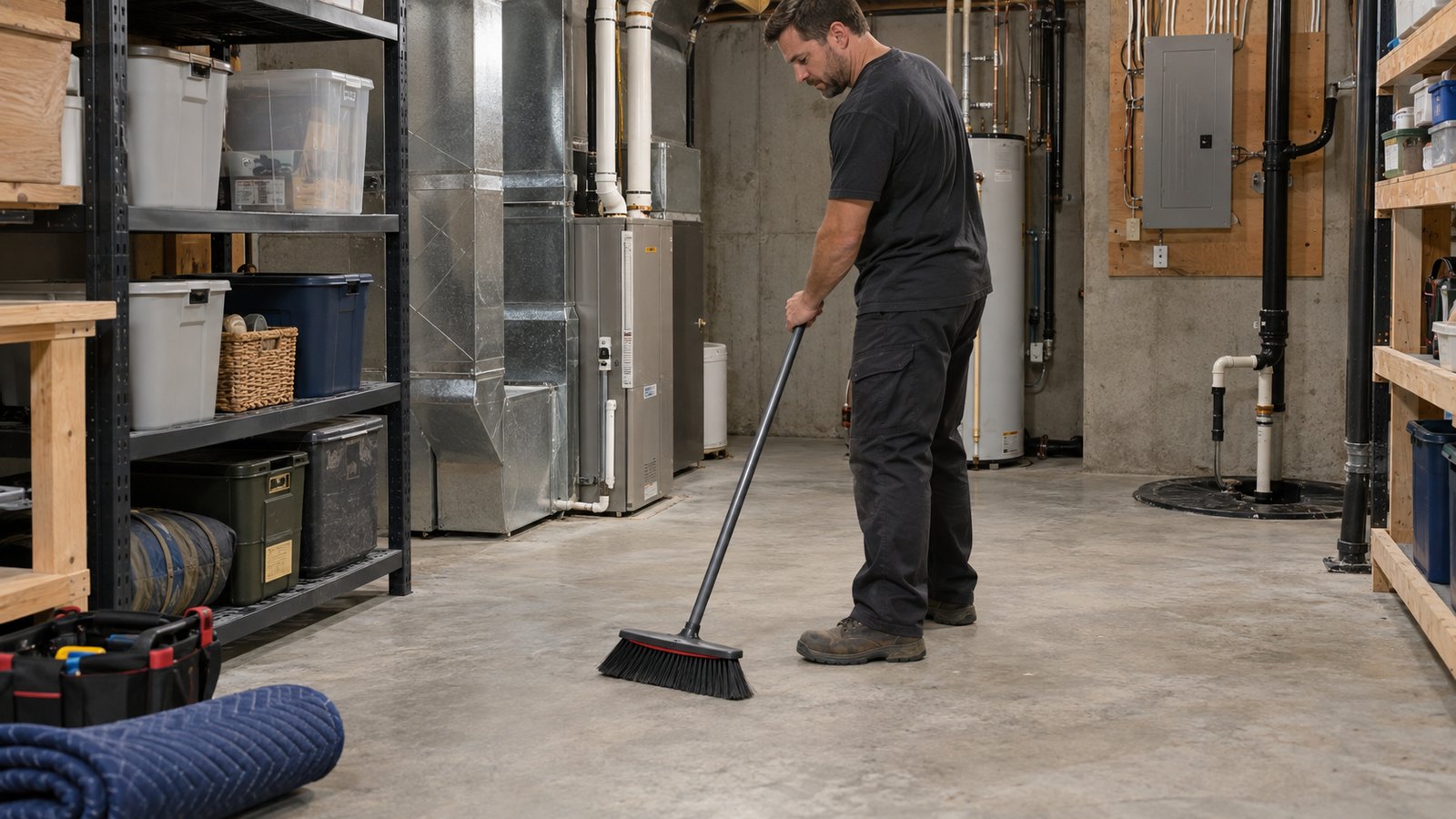 Property-care worker sweeping a cleared Ottawa basement floor while utility equipment and storage remain accessible.