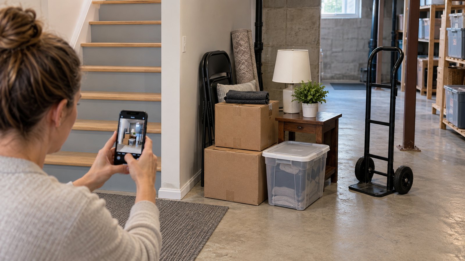 Ottawa homeowner photographing a grouped basement cleanout pile beside clear stairs and a hand truck.