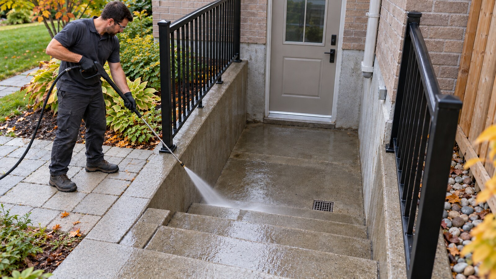 Property-care worker safely pressure washing concrete basement walkout stairs from the dry upper paver area beside an Ottawa home