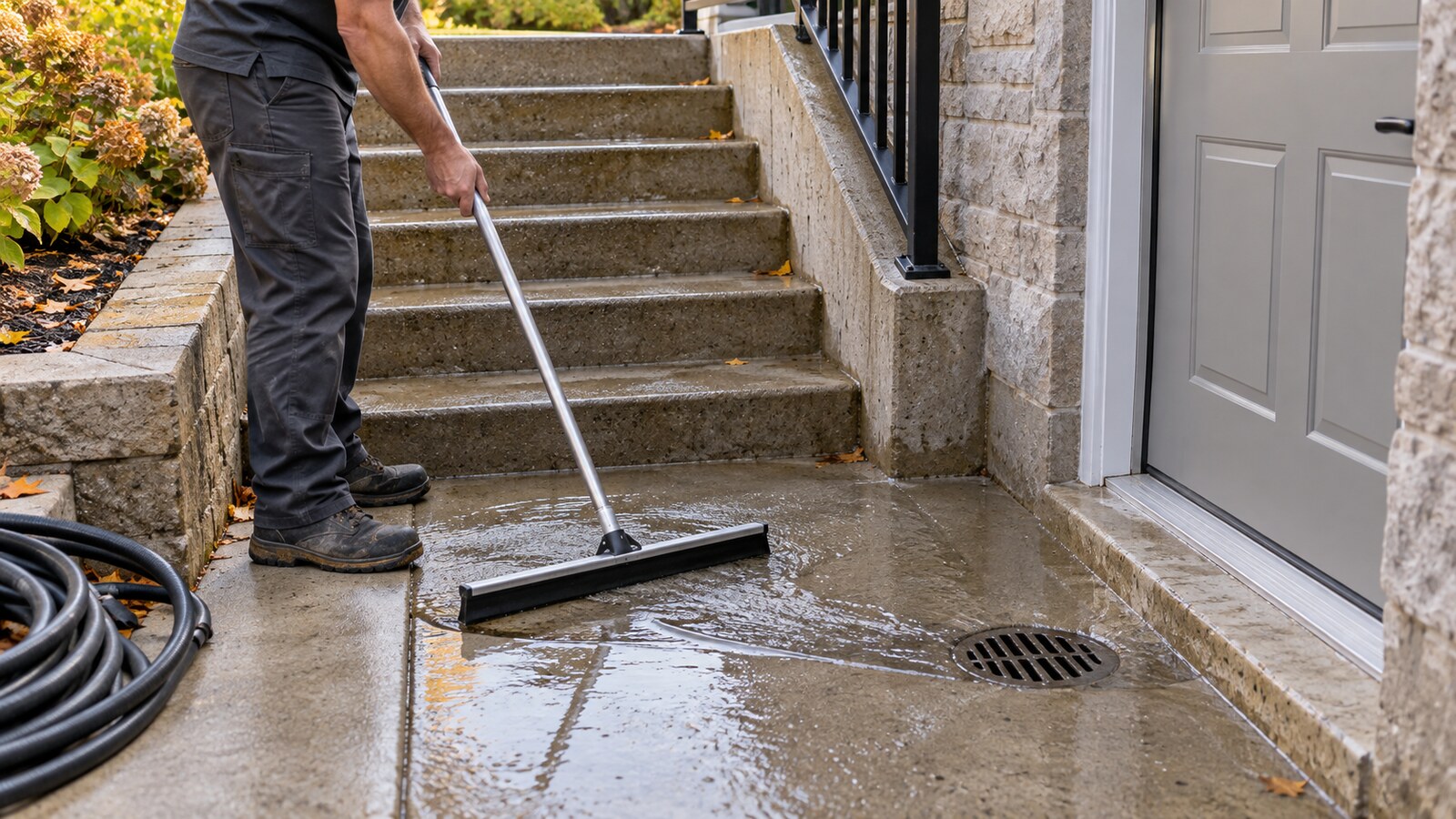 Property-care worker using a floor squeegee to guide a shallow layer of water toward the drain on an Ottawa basement walkout landing