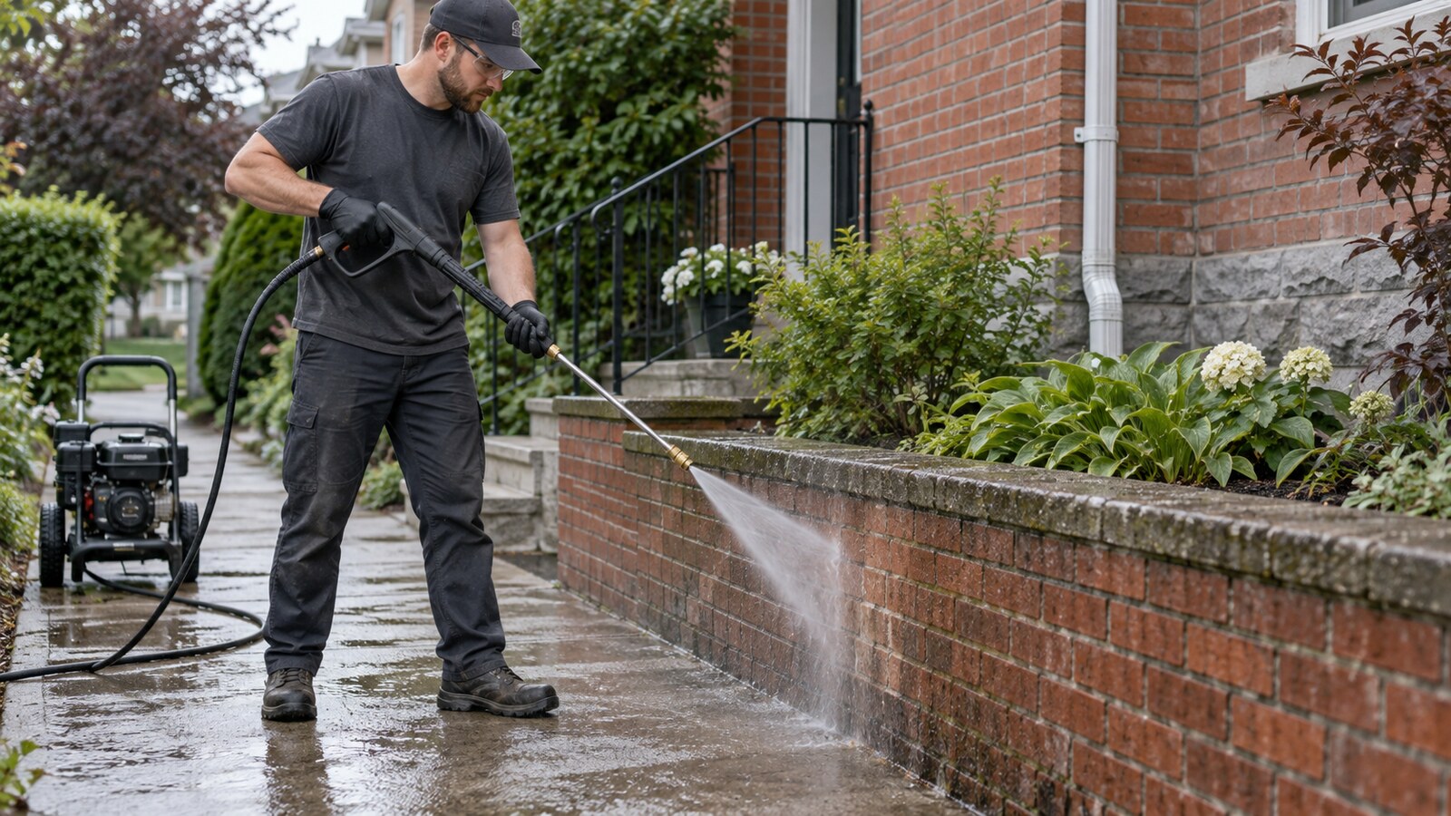 Worker pressure washing a low red-brick garden wall beside an Ottawa home using a broad spray pattern