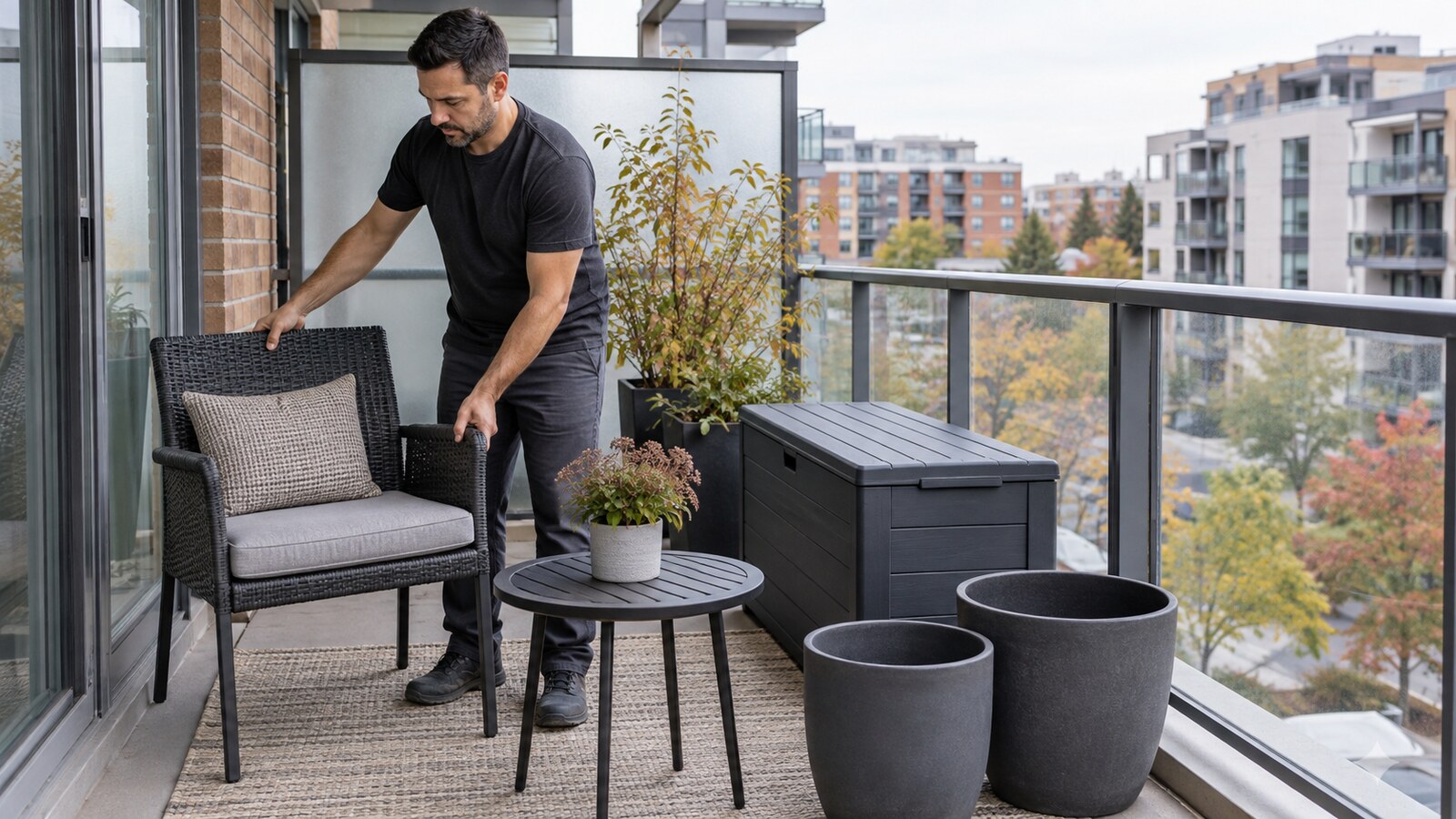 Property-care worker organizing outdoor furniture, planters and a storage box on an Ottawa condo balcony in early autumn