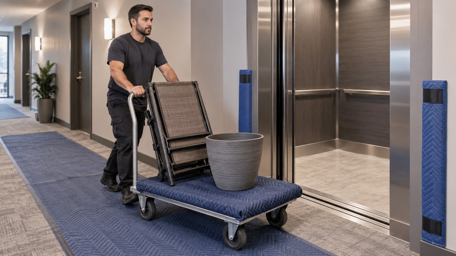 Property-care worker moving folded patio chairs and an empty planter on a padded flat cart toward a condo elevator