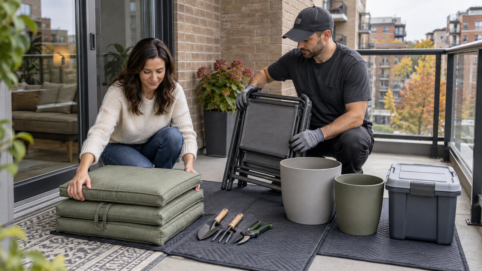 Condo owner and property-care worker sorting folded cushions, a compact chair, gardening tools, planters and a storage tote on protective balcony mats