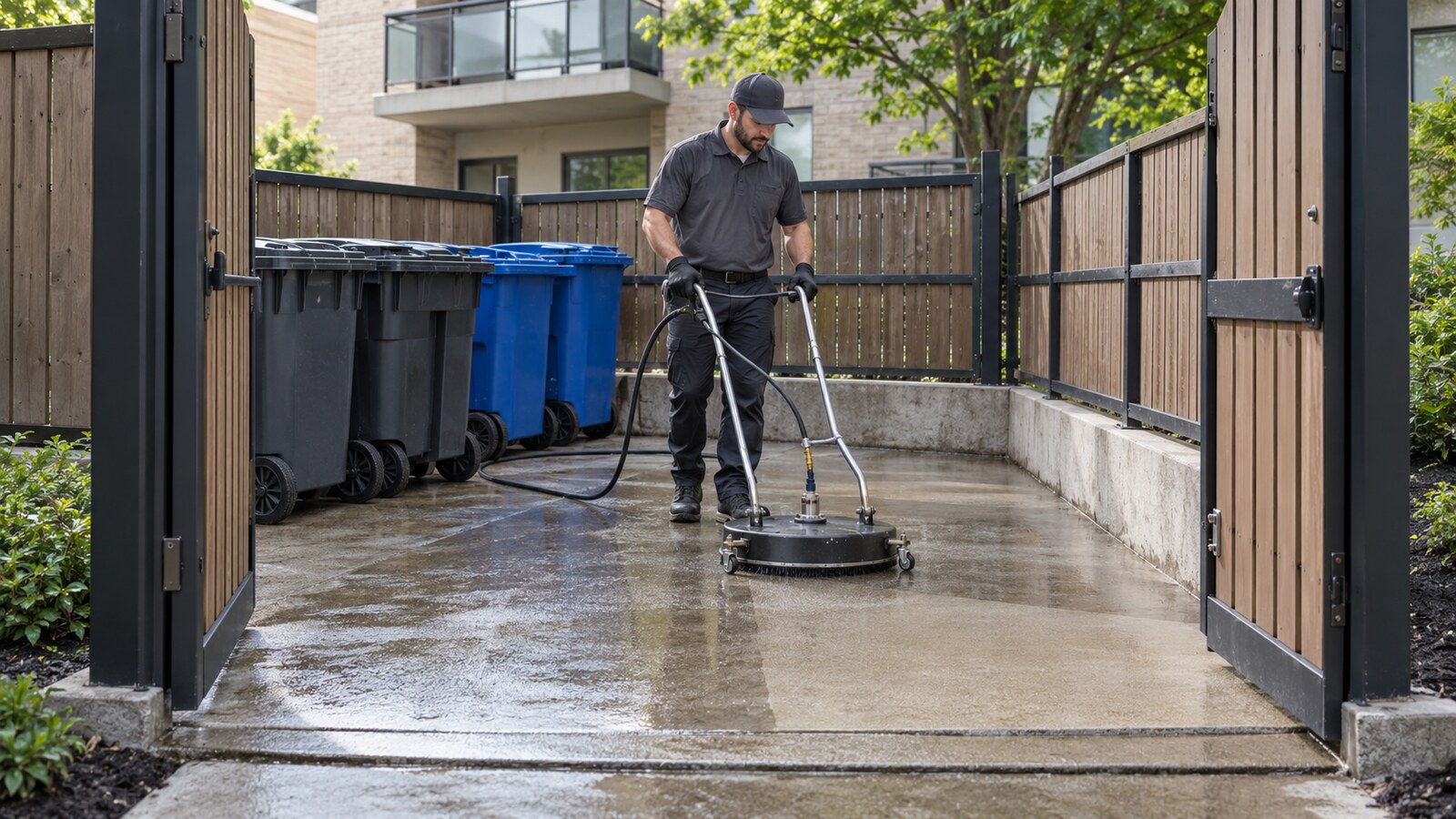 Property-care worker using a rotary surface cleaner on the concrete pad of an Ottawa garbage and recycling enclosure