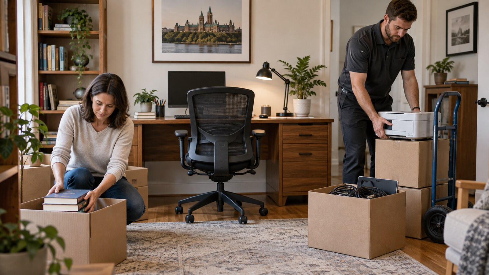 Property-care worker and homeowner organizing furniture and boxed contents in an Ottawa home office