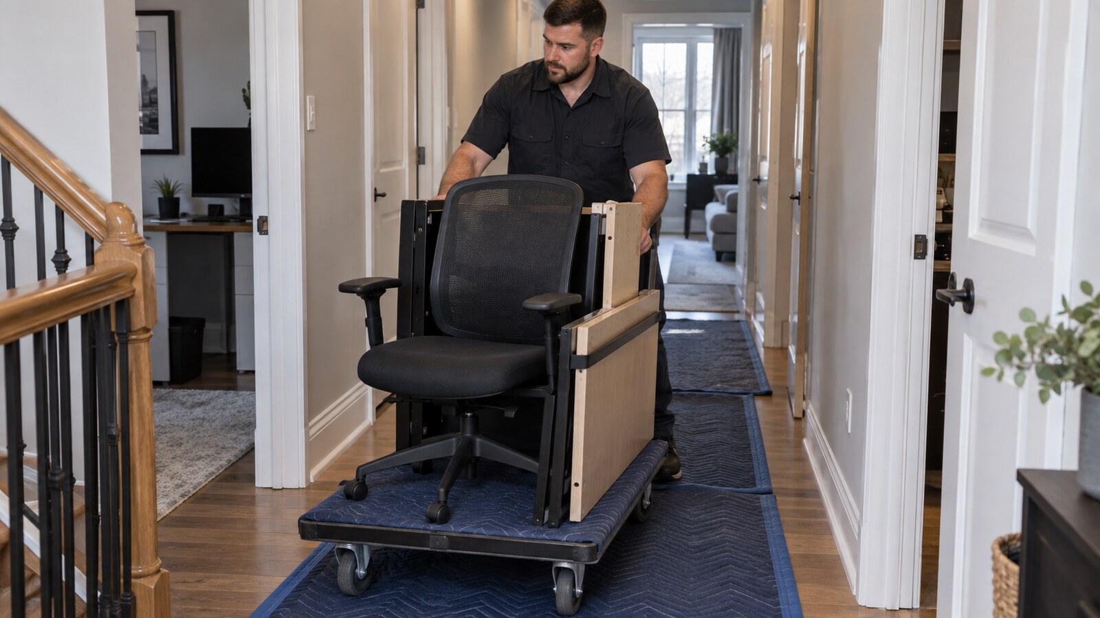 Property-care worker moving a compact office chair and disassembled desk pieces along a clear residential hallway
