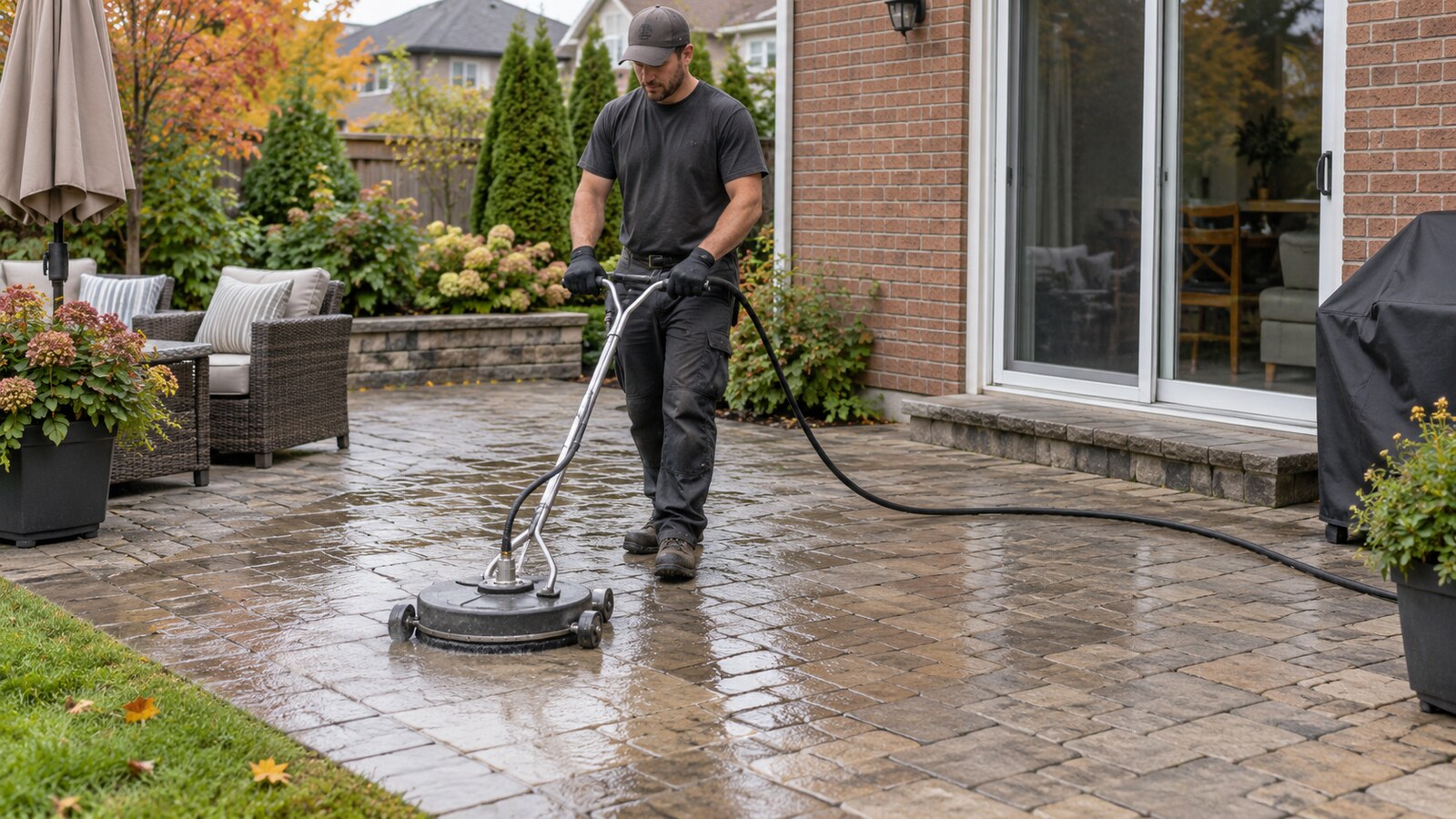 A property-care worker using a surface cleaner on an interlock patio at an Ottawa home.