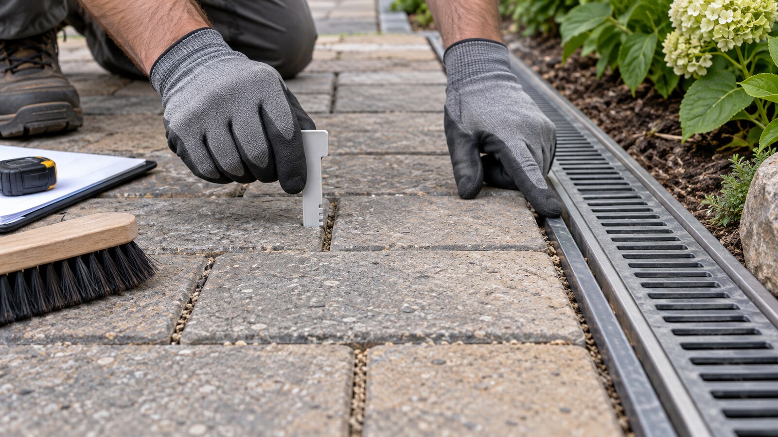 Gloved hands inspecting jointing sand beside the edge restraint and channel drain of an Ottawa interlock patio.