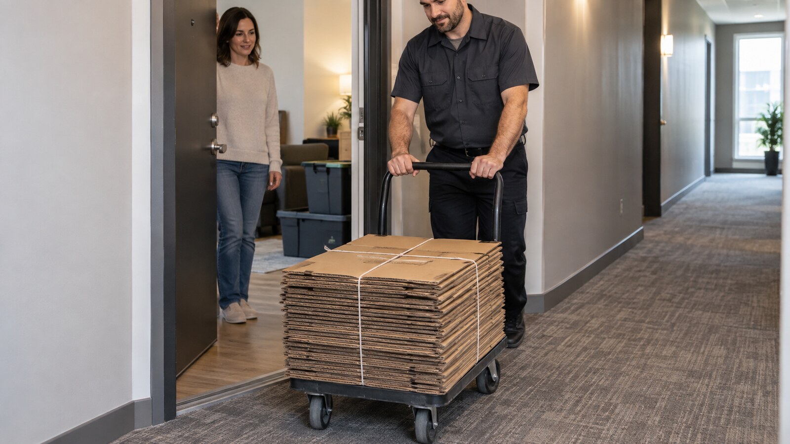 Property-care worker moving a tied stack of flattened boxes through a clear apartment corridor on a dolly