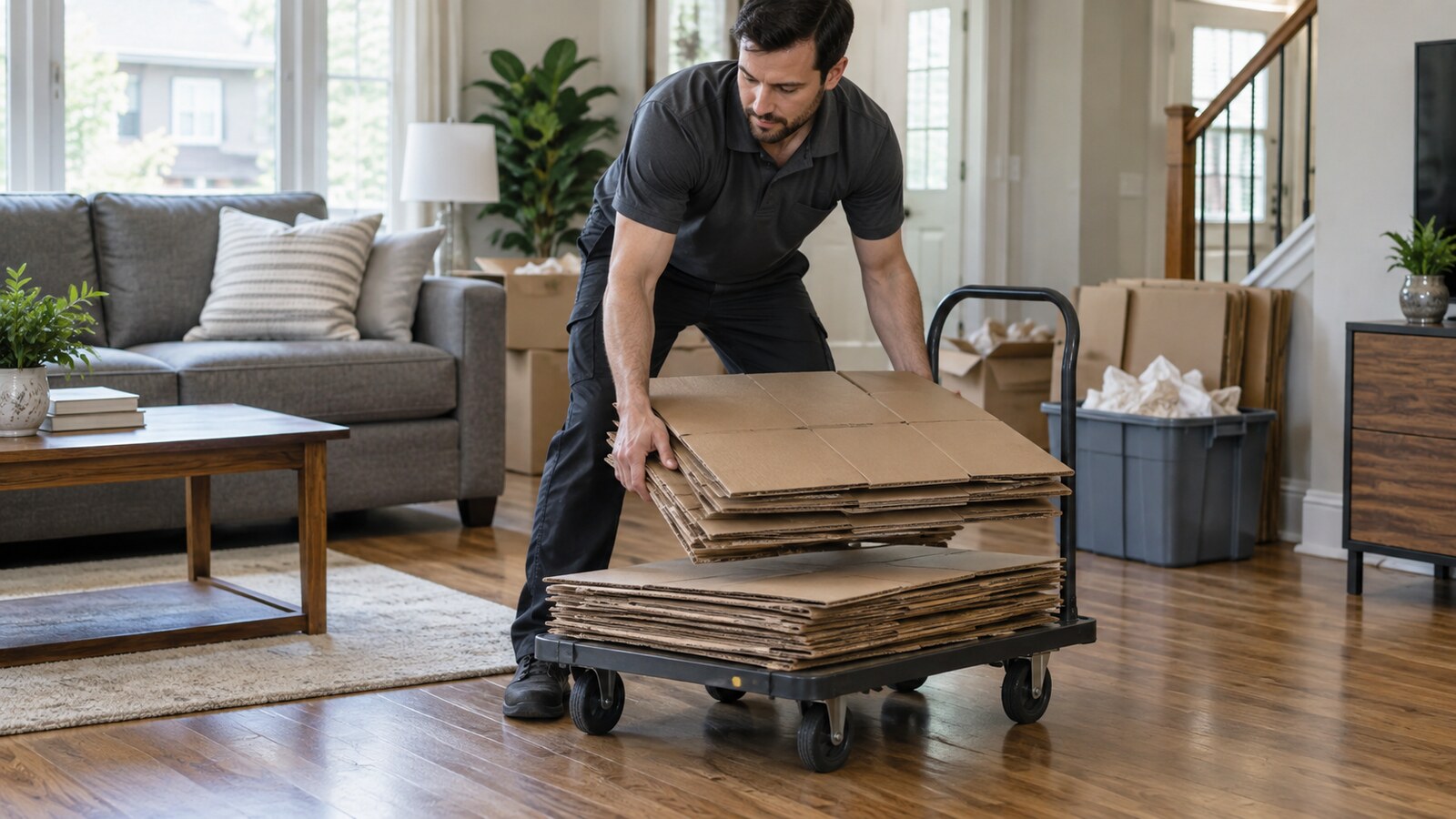 Property-care worker loading flattened moving boxes onto a hand cart in a tidy Ottawa townhouse living room