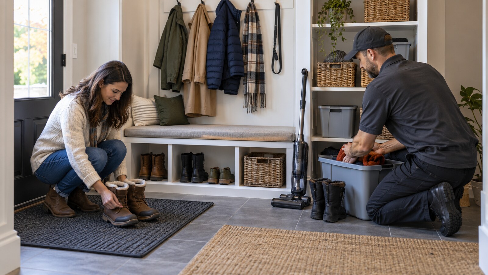Homeowner and property-care worker organizing boots, coats and storage in an Ottawa mudroom