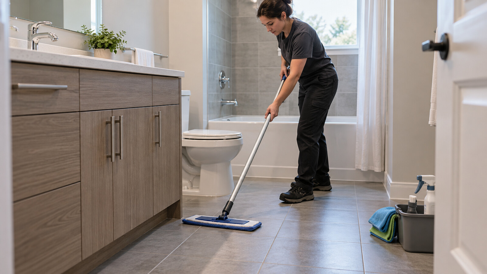 Property-care worker using a flat mop along the vanity and tub edge in an empty Ottawa rental bathroom