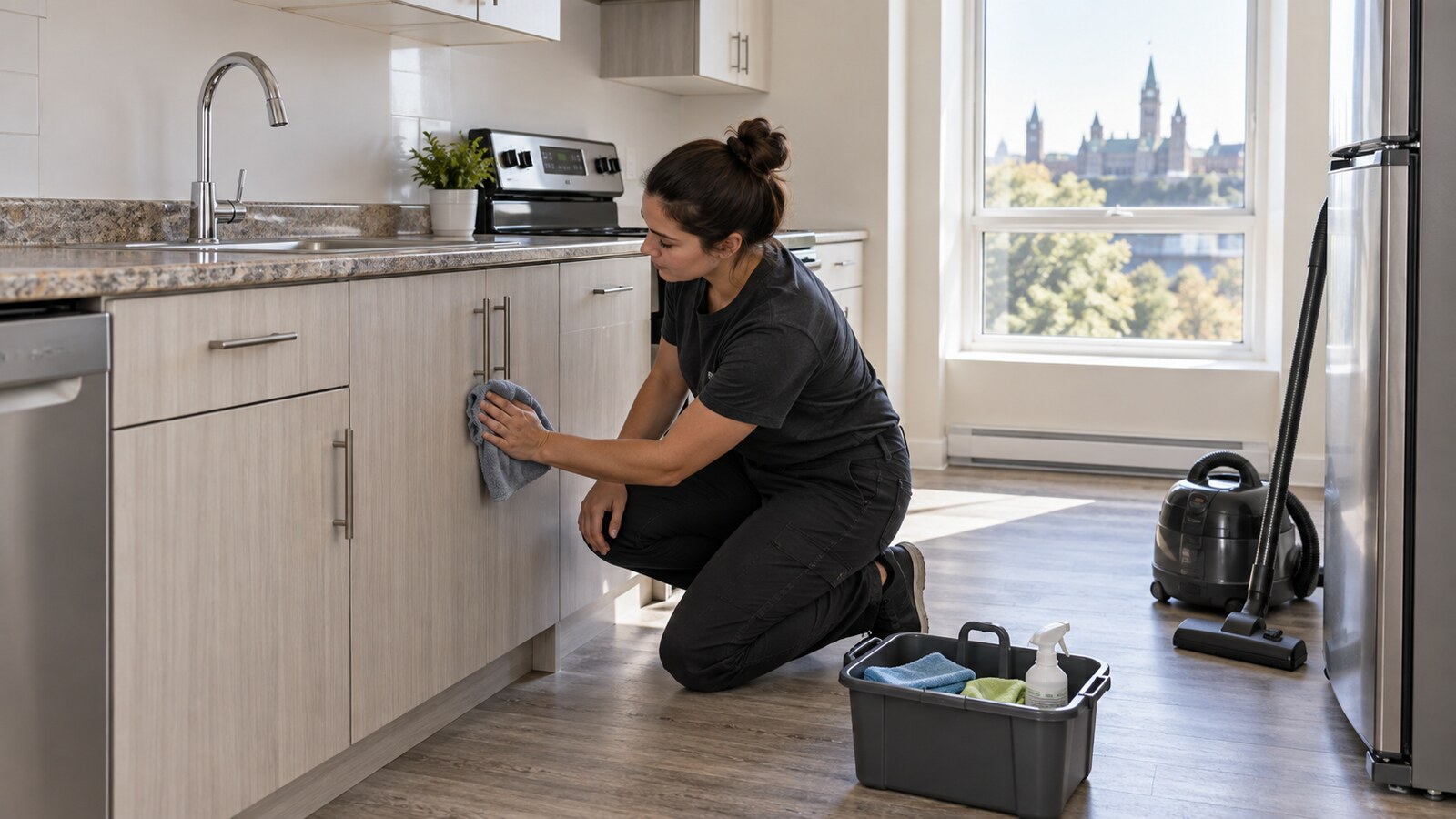 Property-care worker wiping lower cabinets in a bright empty Ottawa rental kitchen with cleaning equipment arranged nearby