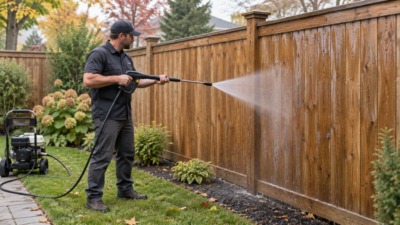 Property-care worker using a broad pressure-washer fan spray on an Ottawa residential wood fence